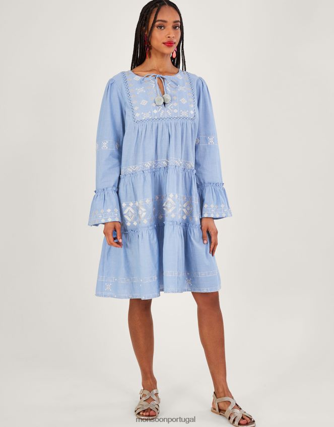 roupas vestido bordado em camadas Monsoon mulheres azul RPLH8F699