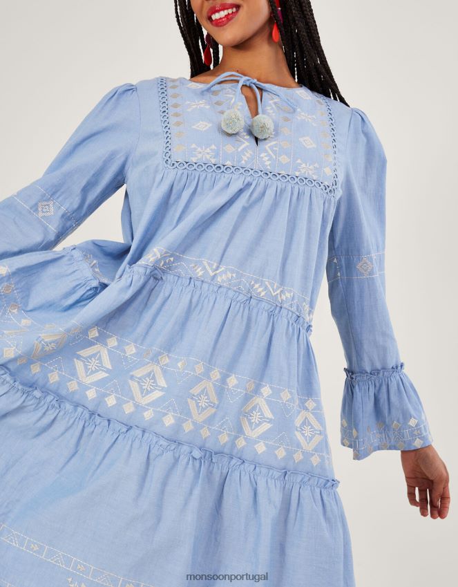 roupas vestido bordado em camadas Monsoon mulheres azul RPLH8F699