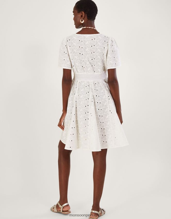 roupas vestido curto plissado com decote em V Schiffli Monsoon mulheres branco RPLH8F549