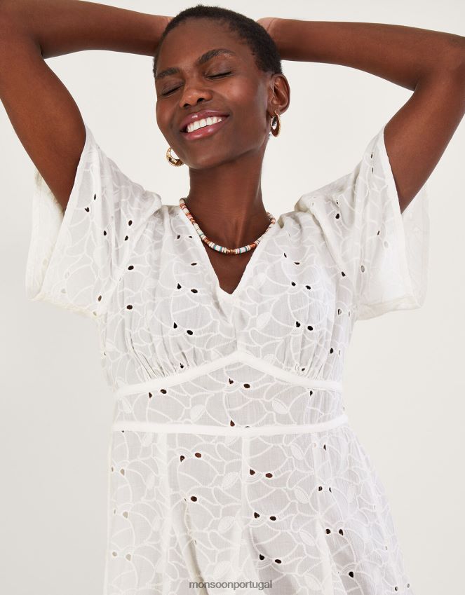 roupas vestido curto plissado com decote em V Schiffli Monsoon mulheres branco RPLH8F549