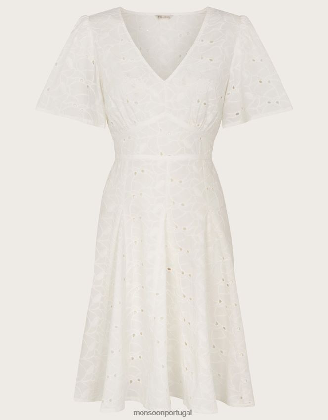 roupas vestido curto plissado com decote em V Schiffli Monsoon mulheres branco RPLH8F549