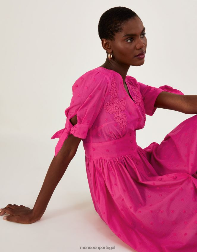 roupas vestido maquinetado bordado em algodão sustentável Monsoon mulheres rosa RPLH8F871