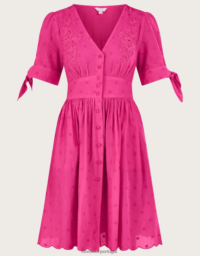 roupas vestido maquinetado bordado em algodão sustentável Monsoon mulheres rosa RPLH8F871