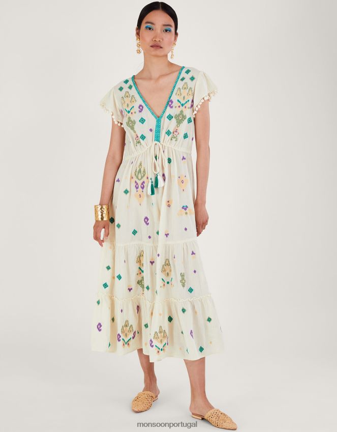roupas vestido maxi bordado com manga esvoaçante Monsoon mulheres branco RPLH8F429