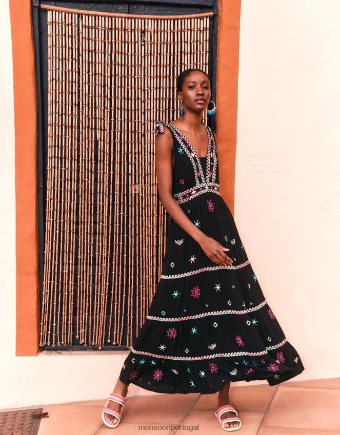 roupas vestido maxi cami bordado com alça larga Monsoon mulheres preto RPLH8F990