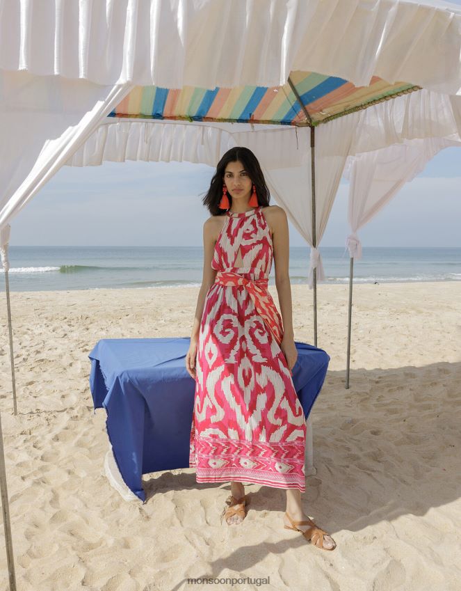 roupas vestido maxi com estampa bordada ikat Monsoon mulheres rosa RPLH8F477