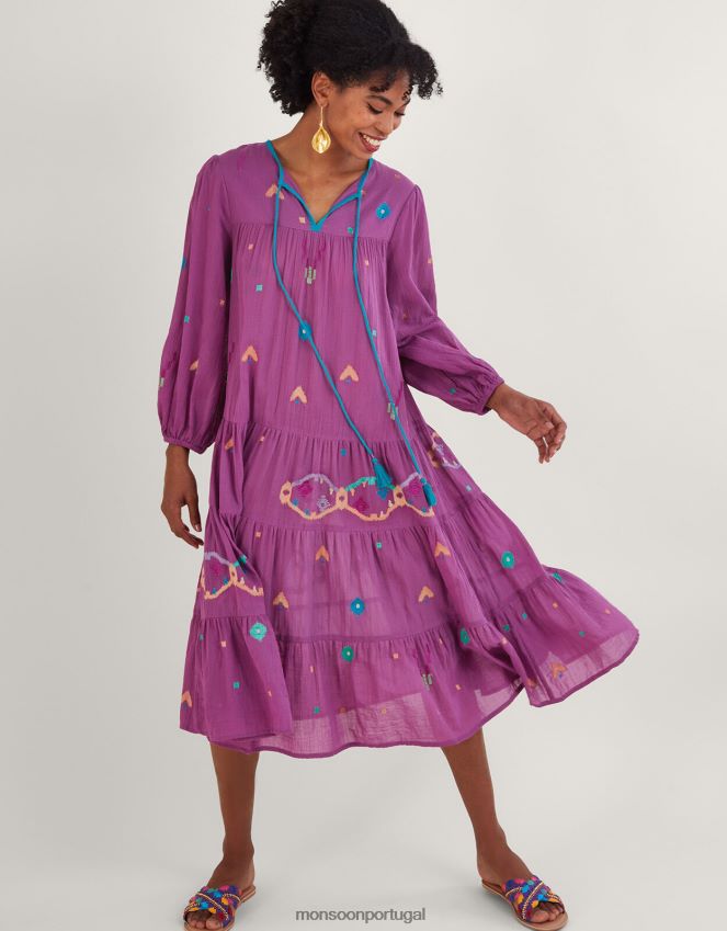 roupas vestido midi bordado com estampa geométrica abstrata Monsoon mulheres tolet RPLH8F882