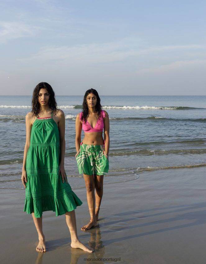 roupas vestido midi bordado simples com acabamento em renda em algodão sustentável Monsoon mulheres verde RPLH8F516