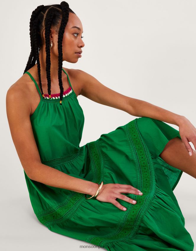 roupas vestido midi bordado simples com acabamento em renda em algodão sustentável Monsoon mulheres verde RPLH8F516