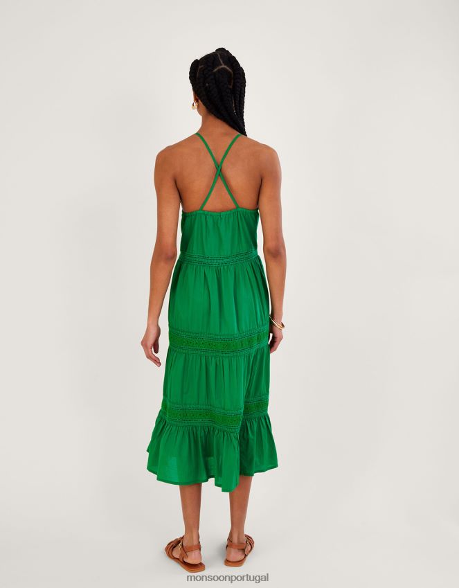 roupas vestido midi bordado simples com acabamento em renda em algodão sustentável Monsoon mulheres verde RPLH8F516