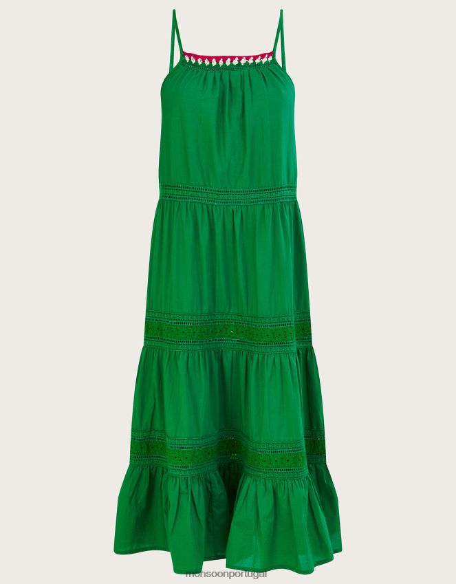 roupas vestido midi bordado simples com acabamento em renda em algodão sustentável Monsoon mulheres verde RPLH8F516
