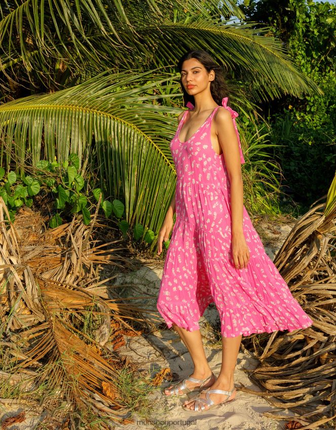 roupas vestido midi com estampa batik Monsoon mulheres rosa RPLH8F1045