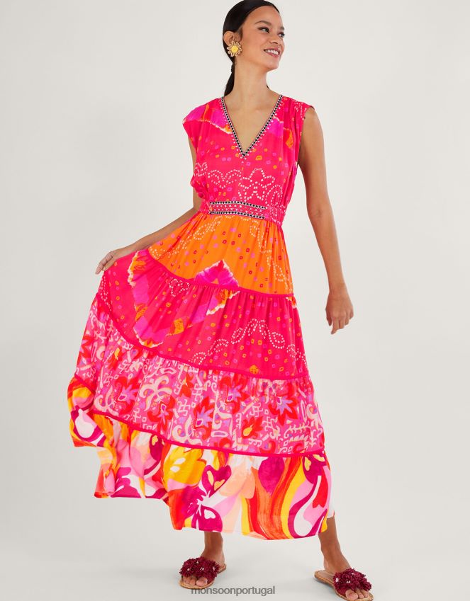 roupas vestido midi com estampa contrastante bandhani em lenzing ecovero Monsoon mulheres vermelho RPLH8F779