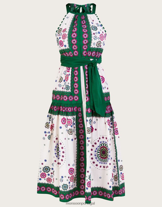 roupas vestido midi com estampa de lenço Monsoon mulheres verde RPLH8F1036