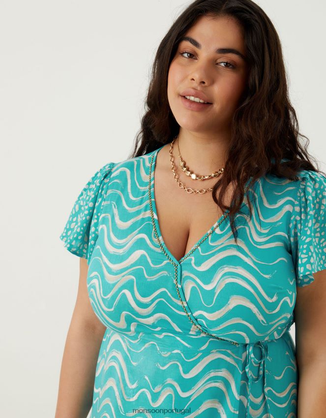 roupas vestido midi com estampa ondulada em lenzing ecovero Monsoon mulheres verde RPLH8F1005