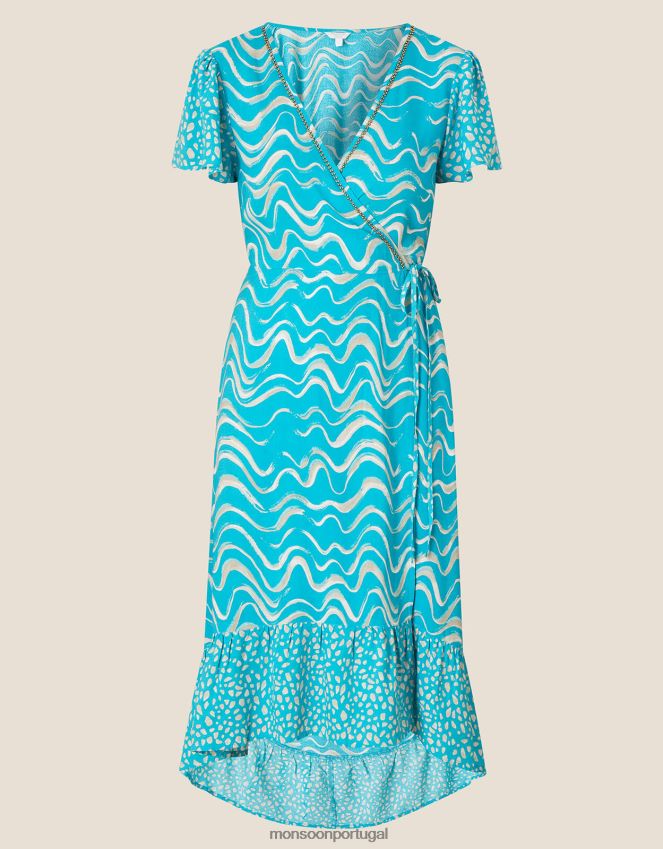 roupas vestido midi com estampa ondulada em lenzing ecovero Monsoon mulheres verde RPLH8F1005