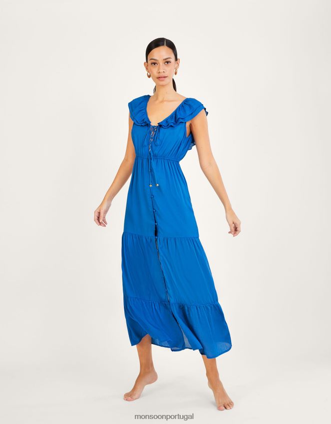 roupas vestido midi liso com gola folho em lenzing ecovero Monsoon mulheres azul (cobalto) RPLH8F394
