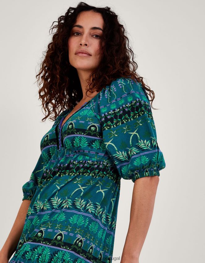 roupas Vestido midi em jersey com estampa de folhas em camadas e algodão sustentável Monsoon mulheres verde RPLH8F2804