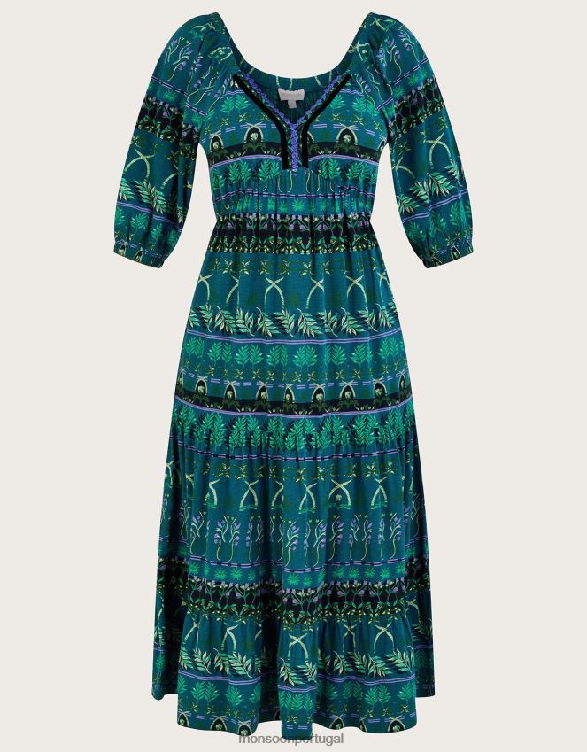 roupas Vestido midi em jersey com estampa de folhas em camadas e algodão sustentável Monsoon mulheres verde RPLH8F2804
