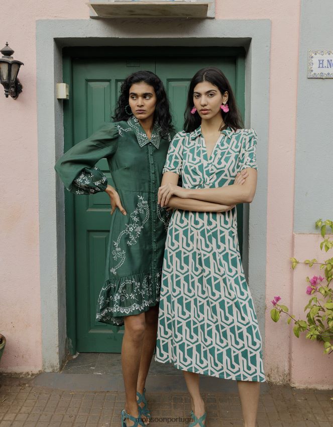 roupas vestido camisa midi com estampa geométrica Monsoon mulheres verde RPLH8F920
