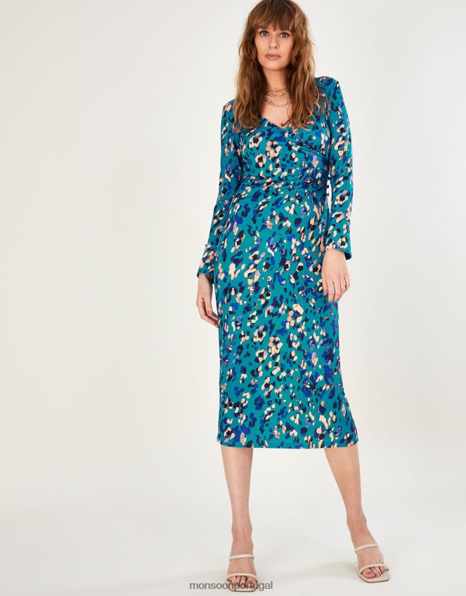 roupas vestido drapeado em jersey com estampa animal Monsoon mulheres azul RPLH8F684