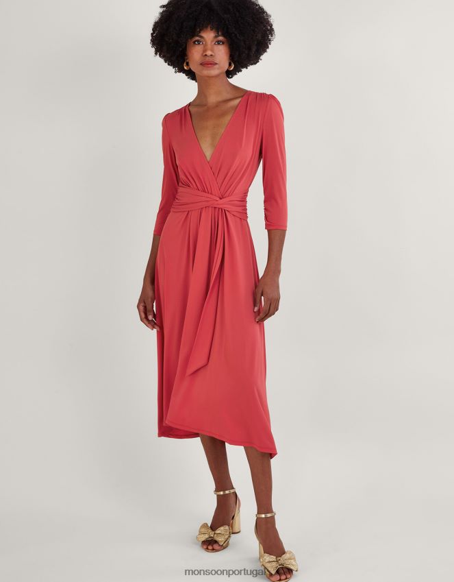 roupas vestido em jersey com decote em V na frente e poliéster reciclado Monsoon mulheres rosa RPLH8F594