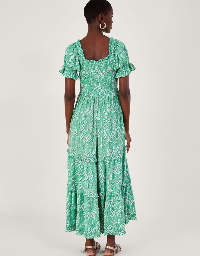 roupas vestido maxi bardot estampa gigi em viscose sustentável Monsoon mulheres verde RPLH8F49