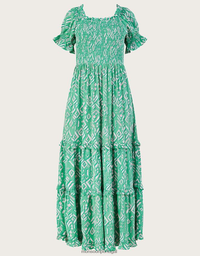 roupas vestido maxi bardot estampa gigi em viscose sustentável Monsoon mulheres verde RPLH8F49