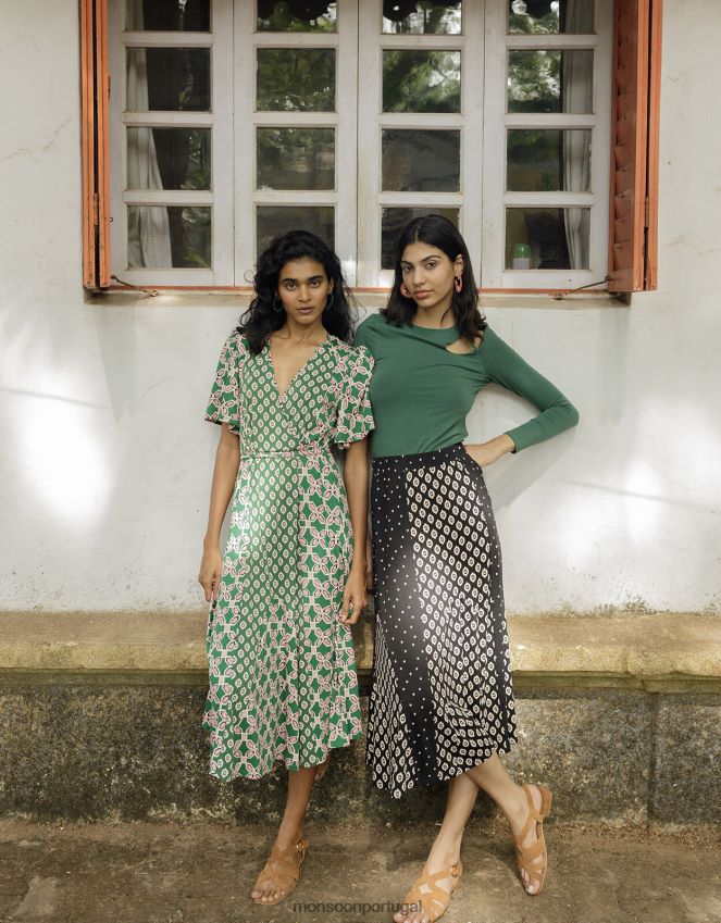 roupas vestido midi com estampa geométrica contrastante Monsoon mulheres verde (cáqui) RPLH8F907