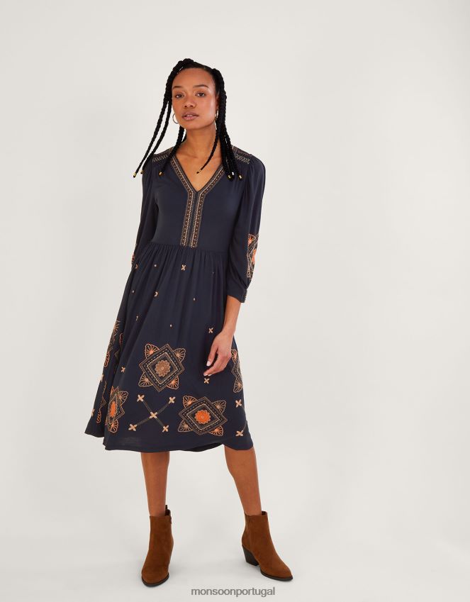 roupas vestido midi de jersey com manga bufante embelezado Monsoon mulheres azul-marinho) RPLH8F883