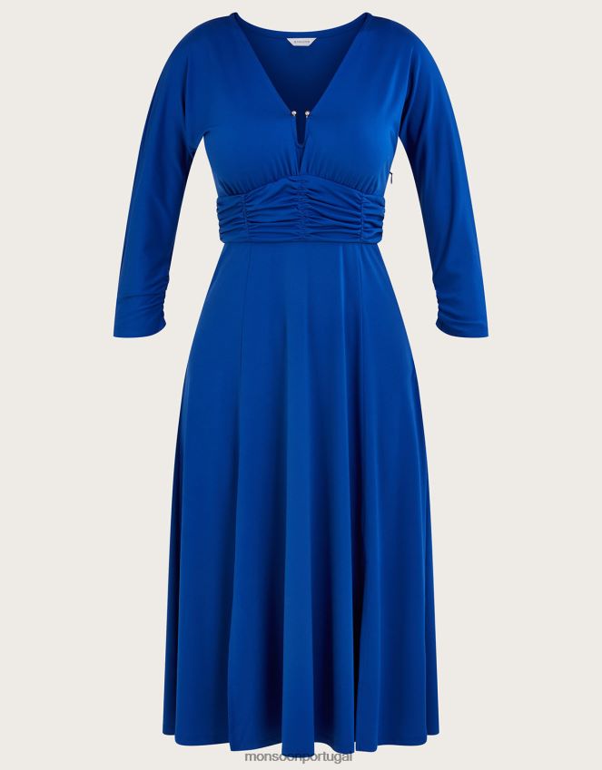 roupas vestido midi em jérsei com detalhe de anel e babados Monsoon mulheres azul RPLH8F944