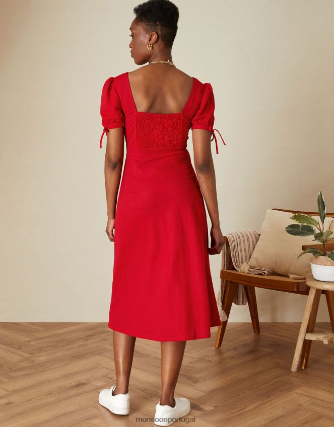 roupas vestido midi em jérsei liso com botões Monsoon mulheres vermelho RPLH8F1111