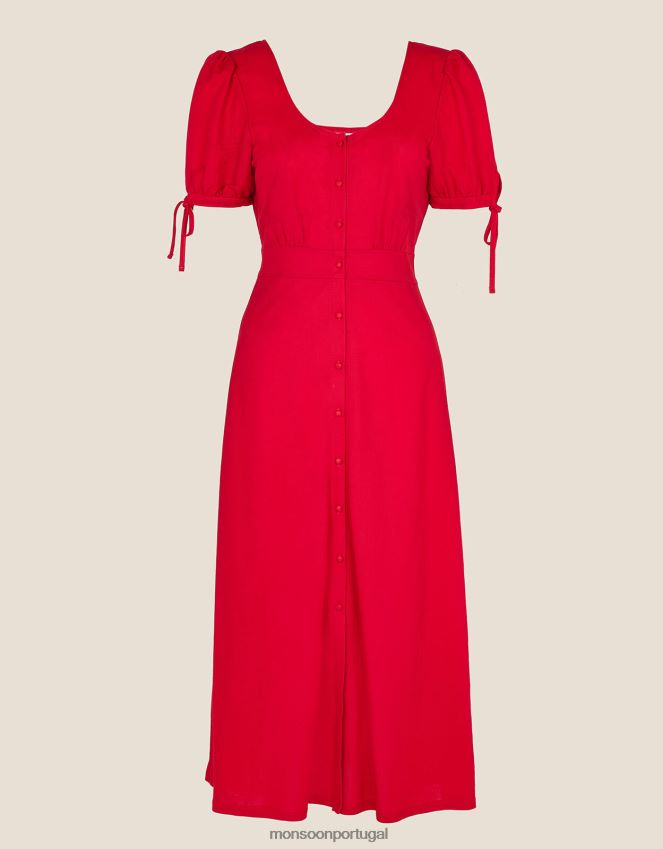 roupas vestido midi em jérsei liso com botões Monsoon mulheres vermelho RPLH8F1111