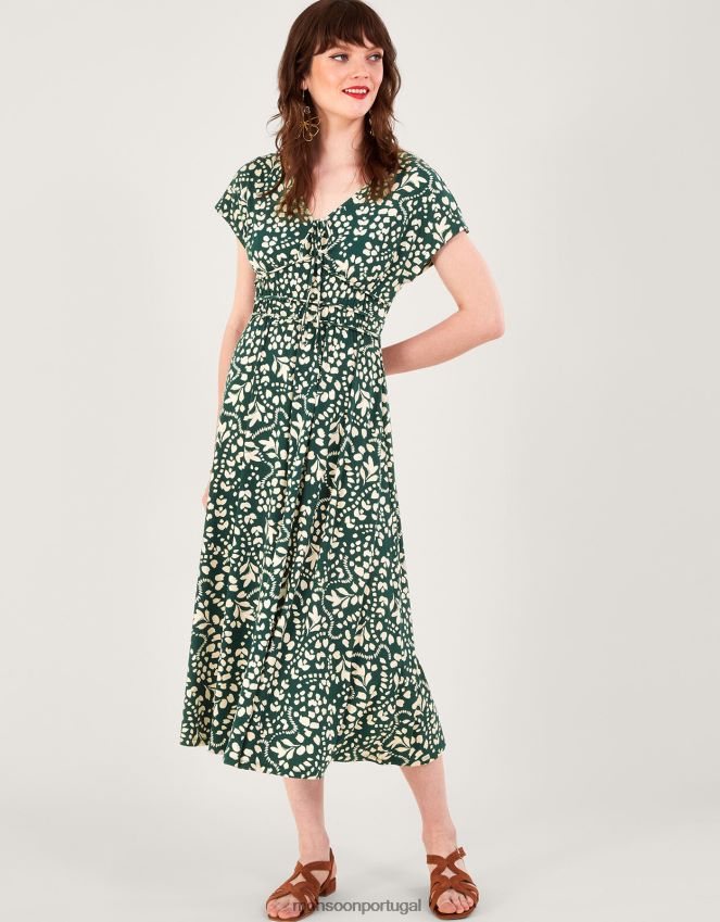 roupas vestido midi estampado e flare Monsoon mulheres verde (verde escuro) RPLH8F244