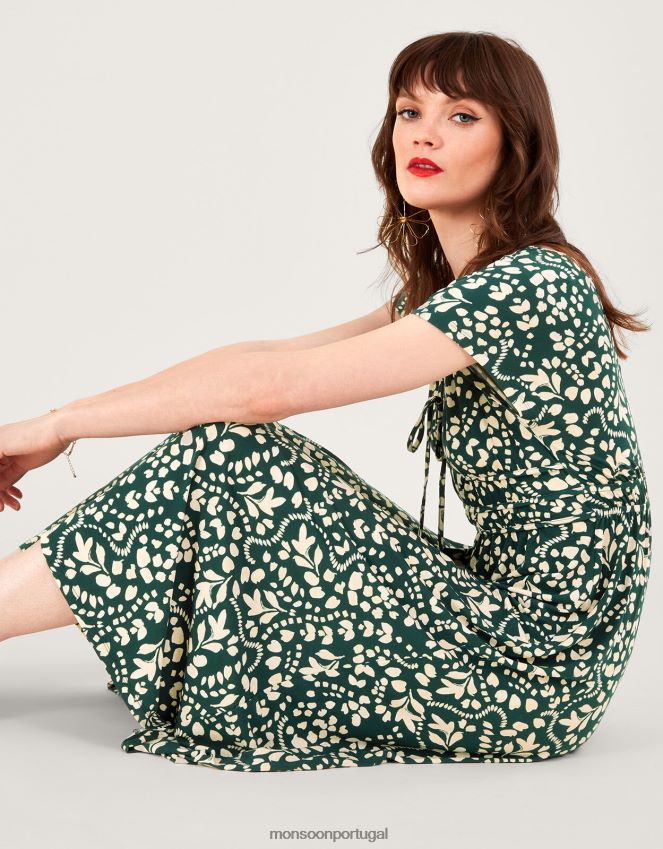 roupas vestido midi estampado e flare Monsoon mulheres verde (verde escuro) RPLH8F244