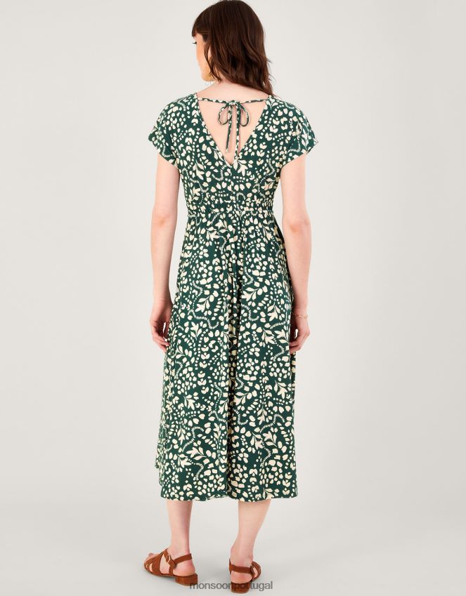 roupas vestido midi estampado e flare Monsoon mulheres verde (verde escuro) RPLH8F244