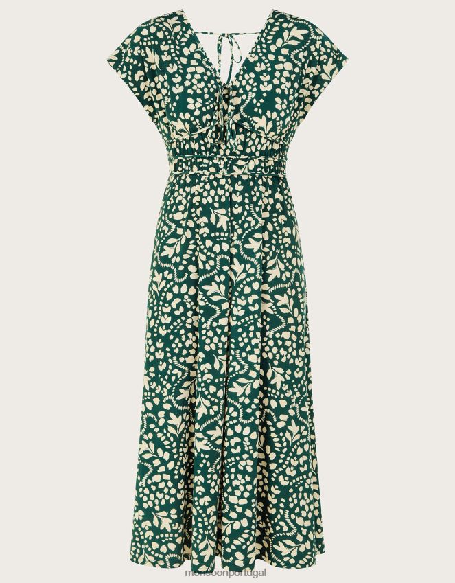 roupas vestido midi estampado e flare Monsoon mulheres verde (verde escuro) RPLH8F244