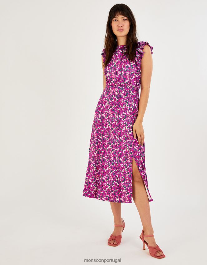 roupas vestido midi floral sem mangas com babados Monsoon mulheres roxo RPLH8F826