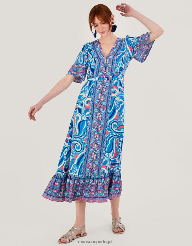 roupas vestido raegan com estampa contrastante e lençol ecovero Monsoon mulheres azul RPLH8F415