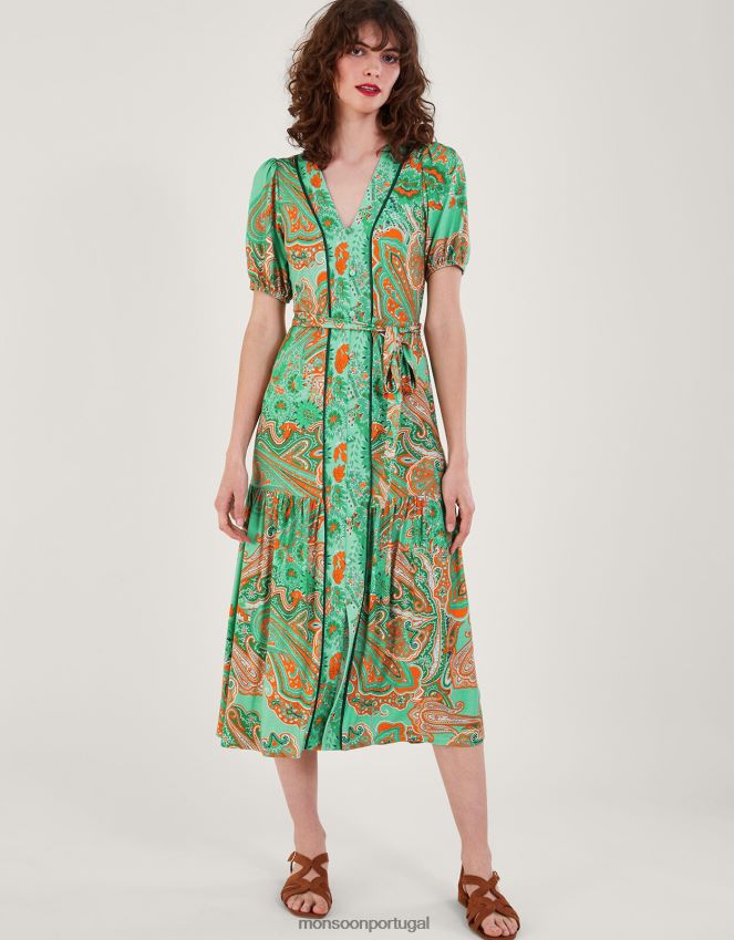 roupas vestido skye com estampa de lenço Monsoon mulheres verde RPLH8F178