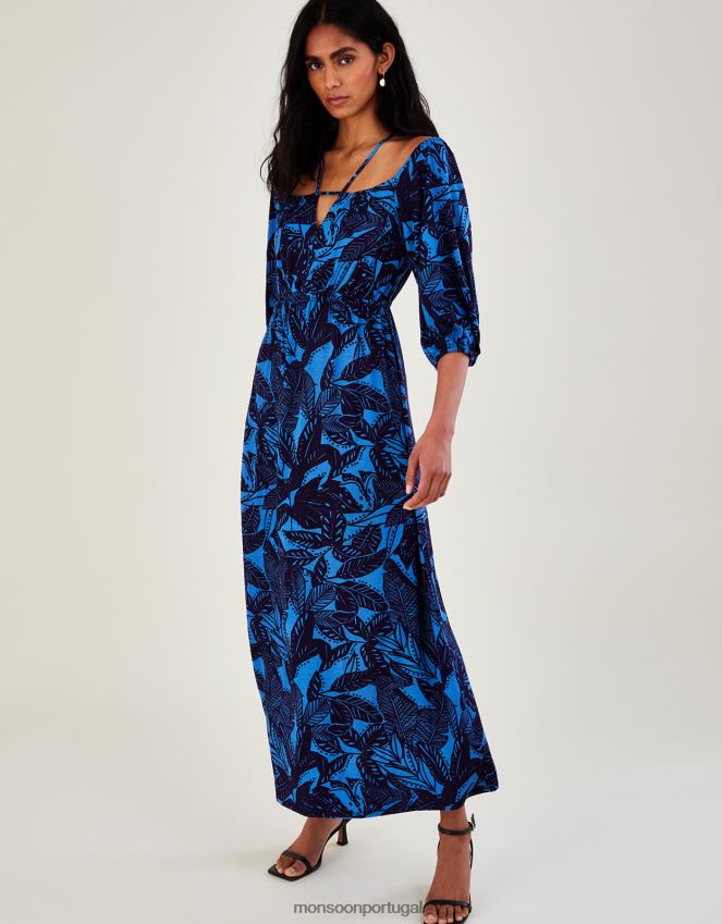 roupas Vestido maxi jersey com estampa de folhas bardot Monsoon mulheres azul RPLH8F943