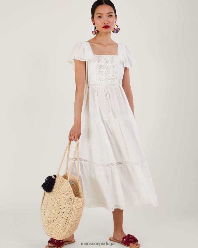 roupas vestido midi tecido misto Monsoon mulheres branco RPLH8F979