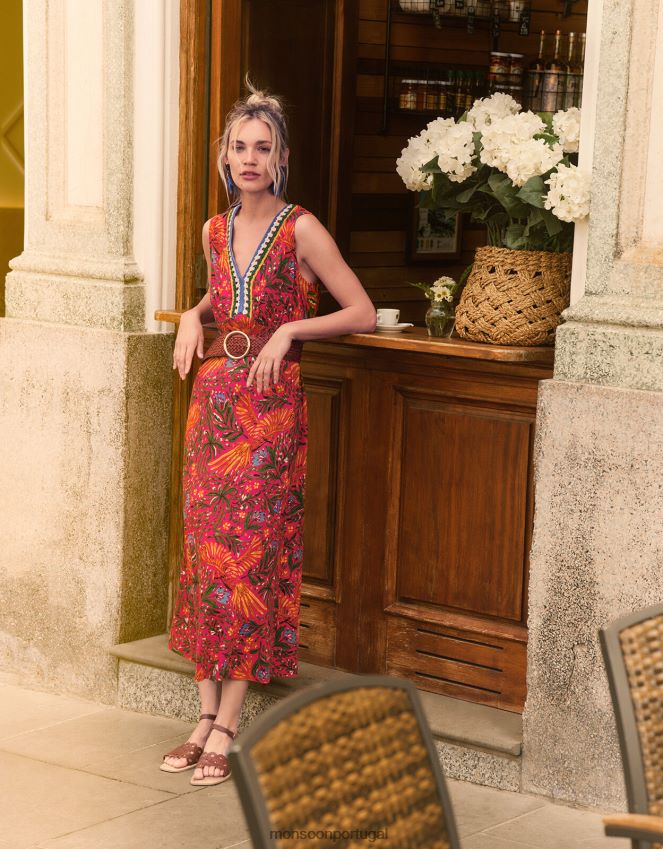 roupas vestido de crochê com estampa de folhas em mistura de linho Monsoon mulheres vermelho RPLH8F977