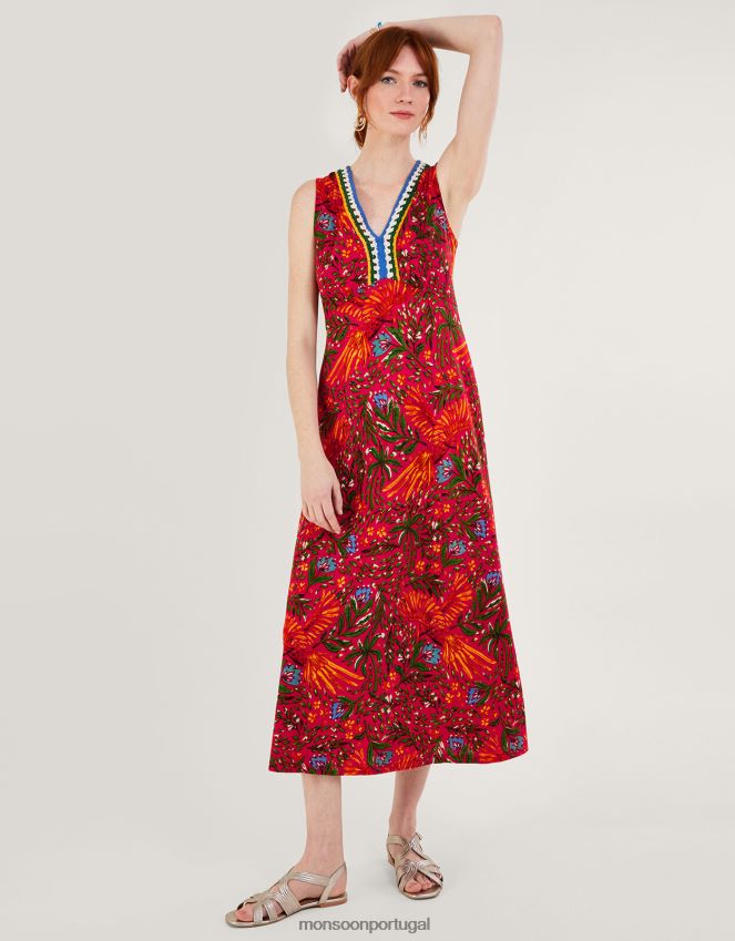 roupas vestido de crochê com estampa de folhas em mistura de linho Monsoon mulheres vermelho RPLH8F977