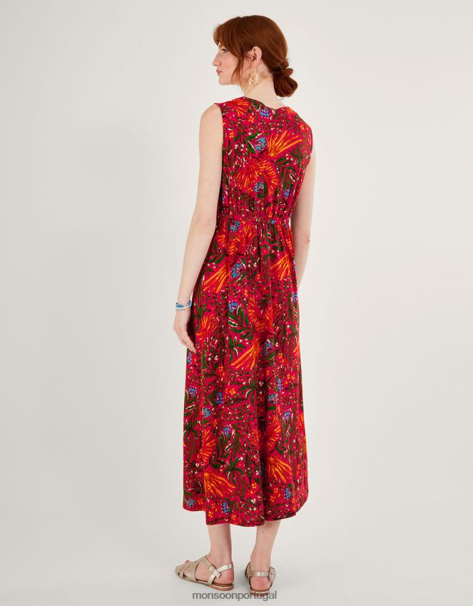 roupas vestido de crochê com estampa de folhas em mistura de linho Monsoon mulheres vermelho RPLH8F977