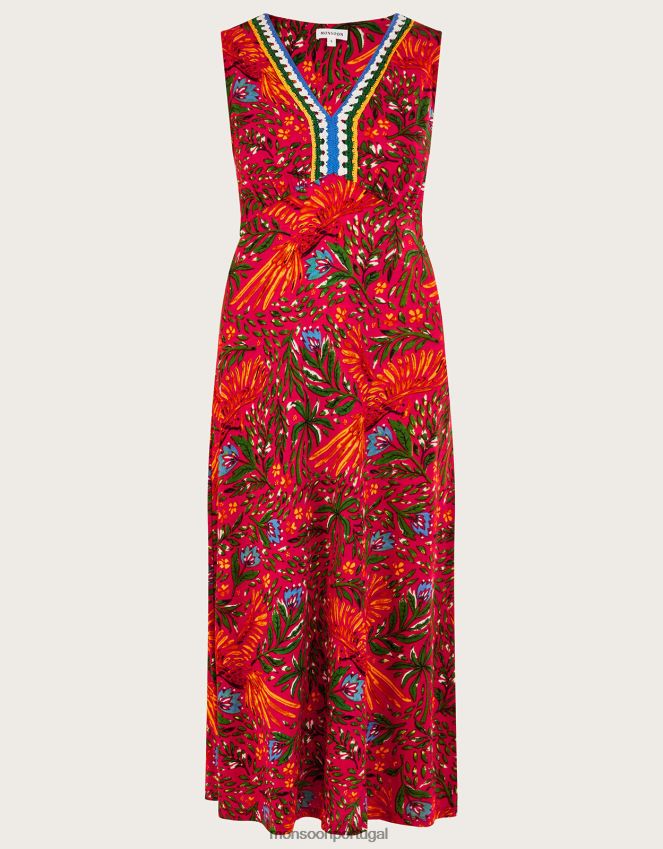 roupas vestido de crochê com estampa de folhas em mistura de linho Monsoon mulheres vermelho RPLH8F977