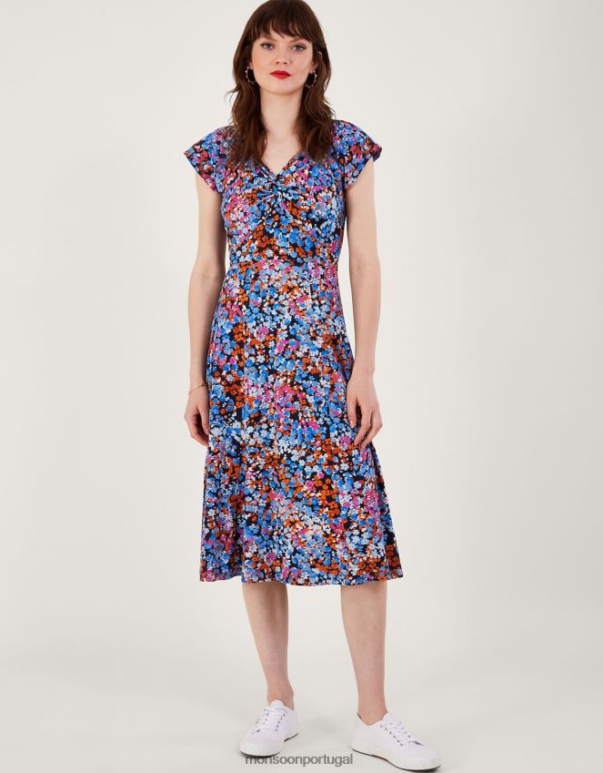roupas vestido de jérsei com estampa ditsy com detalhes torcidos Monsoon mulheres azul-marinho) RPLH8F255