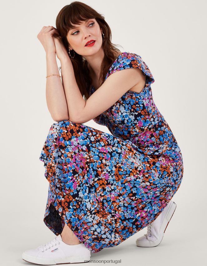 roupas vestido de jérsei com estampa ditsy com detalhes torcidos Monsoon mulheres azul-marinho) RPLH8F255