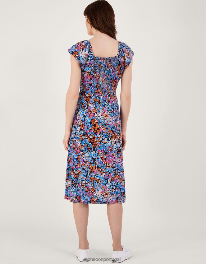 roupas vestido de jérsei com estampa ditsy com detalhes torcidos Monsoon mulheres azul-marinho) RPLH8F255
