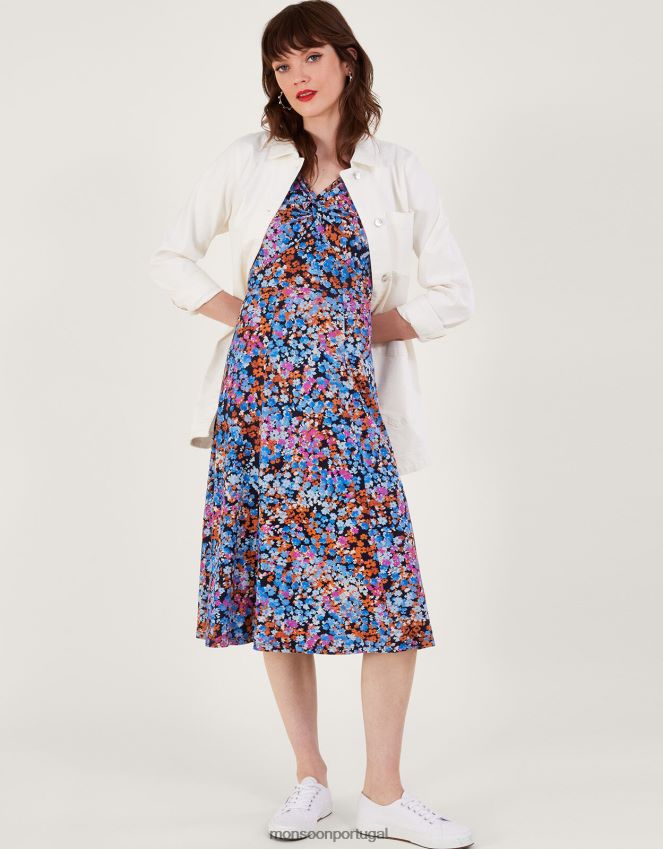 roupas vestido de jérsei com estampa ditsy com detalhes torcidos Monsoon mulheres azul-marinho) RPLH8F255